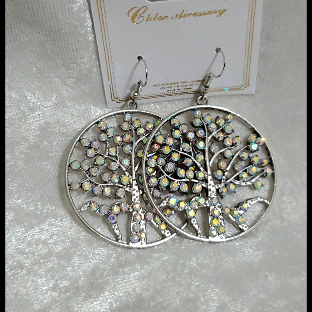 Silvertone AB rhinestones tree design pierced earrings - Picture 1 of 5